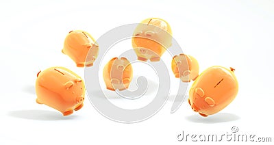 Six Yellow Ceramic Pigs in the Shape of Money Boxes for Coins on Soft White Studio Background. Stock Photo