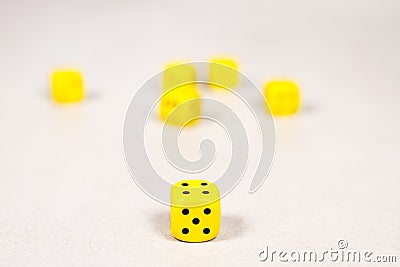 Six Yellow Dice on Clean Gray White Background Stock Photo