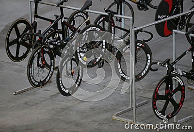 Sixday cycling series finals equipment in palma velodrome Editorial Stock Photo