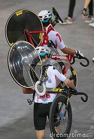 Sixday cycling series finals in palma velodrome riders before race vertical Editorial Stock Photo