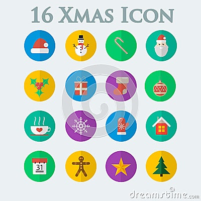 Sixteen of Christmas icons in the style of flat Vector Illustration