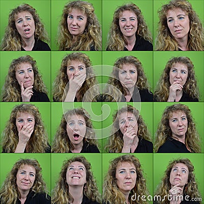 Sixteen different facial expressions Stock Photo