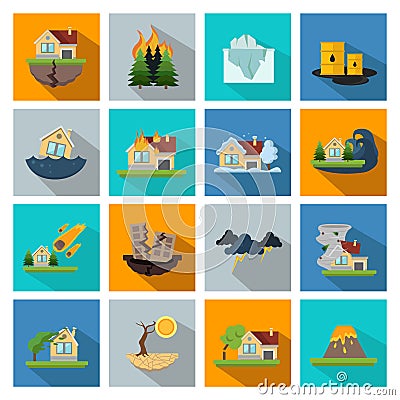 Sixteen Disaster Damage Line Icon Set Vector Illustration