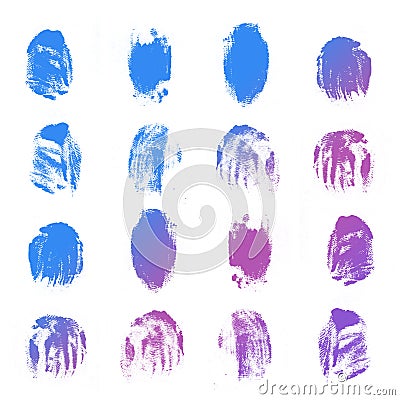 Sixteen fingerprints on a white background, bright saturated colors. Pink, blue and purple shades illustration.Bright gradient Cartoon Illustration