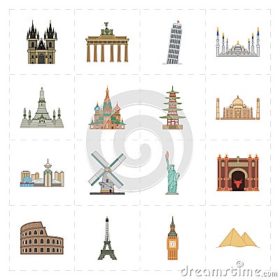 Sixteen flat landmark icons Vector Illustration