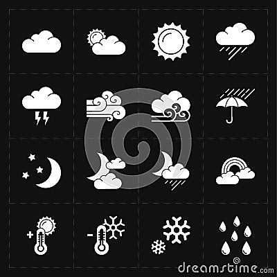 Sixteen flat modern weather icons Vector Illustration