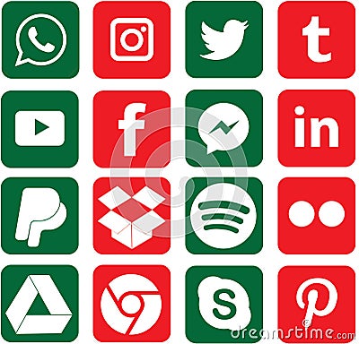 Green and Red colored Social Media Icons For Christmas Editorial Stock Photo