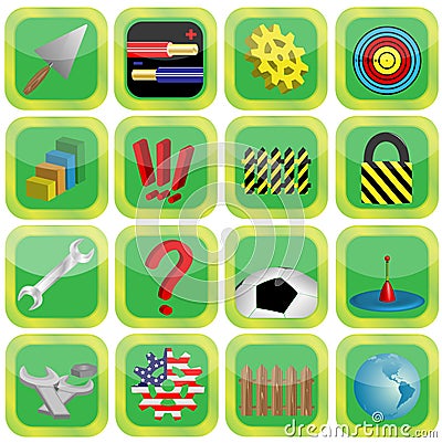 Sixteen icons with different pictures Vector Illustration