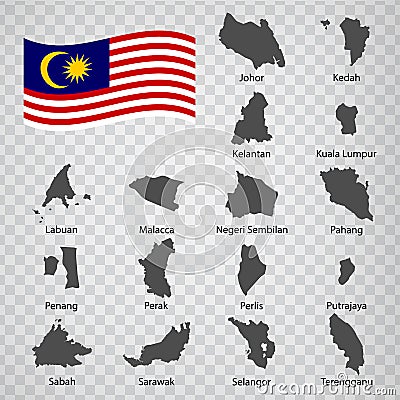 Sixteen Maps of states Malaysia - alphabetical order with name. Every single map of state are listed and isolated with wordings an Vector Illustration