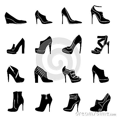 Sixteen models of stylish women footwear Vector Illustration