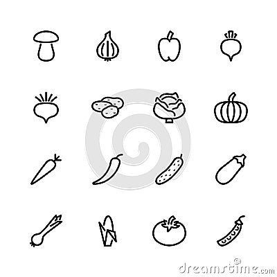 Sixteen vegetable icons isolated on white Vector Illustration