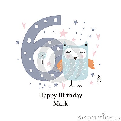 Sixth birthday greetings card with a cute owl. Kids party with animals. Vector Vector Illustration