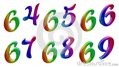 Sixty four, Sixty five, Sixty six, Sixty seven, Sixty eight, Sixty nine, 64, 65, 66, 67, 68, 69 Calligraphic 3D Rendered Digits Stock Photo