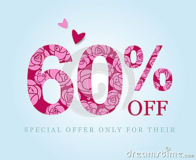 Sixty percent discount. Sale symbol. Pink roses Vector Illustration