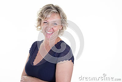 Sixty years blond senior woman smiling portrait happy middle aged on white background Stock Photo