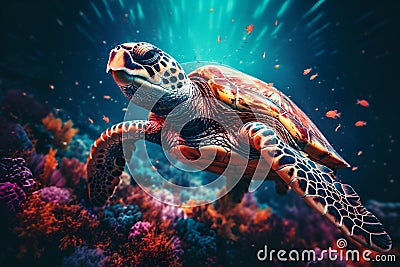 A sizable sea turtle gracefully glides through the water Stock Photo
