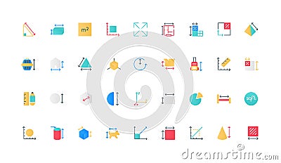 Size measurement, guide and tools to measure length and height, depth color icon set Vector Illustration