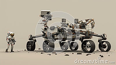 The size of the rover is put into perspective as a small astronaut stands beside it their figure ly reaching its wheels Stock Photo