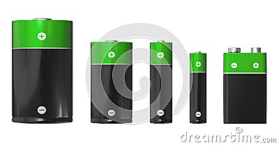Sizes of batteries: D, C, AA, AAA and PP3 (9V) Stock Photo