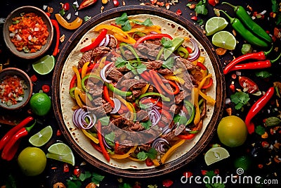 Sizzling beef fajitas layered with vibrant peppers. Generative ai Stock Photo