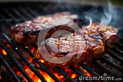 Sizzling Beef Rib Roast Over Glowing Coals. Stock Photo