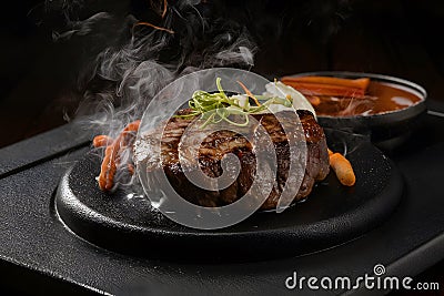 Sizzling beef steak, culinary mastery captured in tantalizing photograph Stock Photo