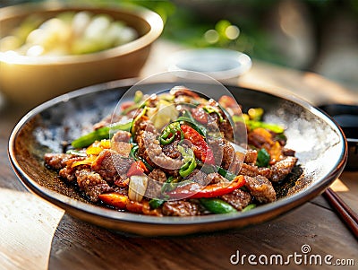 Sizzling Chop Suey with Mixed Vegetables and Tender Beef on a Plate - AI generated illustration Cartoon Illustration