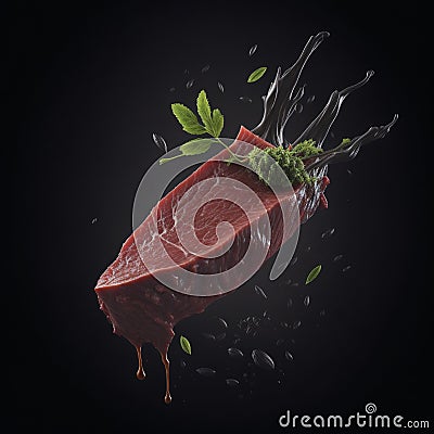 Sizzling Delight: Flying Raw Beef Steak with Oil Pouring Stock Photo