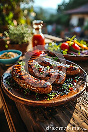 Sizzling Grilled Sausages Garnished with Herbs and Tomato Relish on a Rustic Wooden Board Created With Generative AI Technology Stock Photo