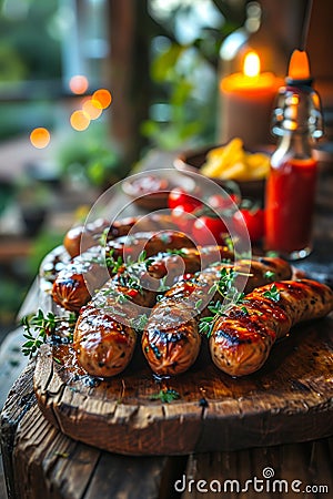 Sizzling Grilled Sausages Garnished with Herbs and Tomato Relish on a Rustic Wooden Board Created With Generative AI Technology Stock Photo