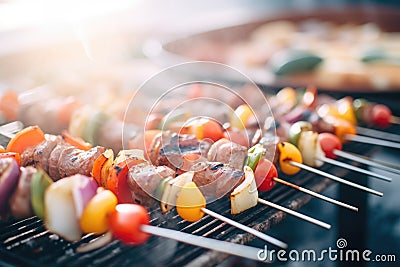 sizzling kebab skewers atop a flaming outdoor barbecue Stock Photo