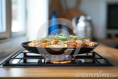sizzling kimchi pancake cooking on gas stove Stock Photo