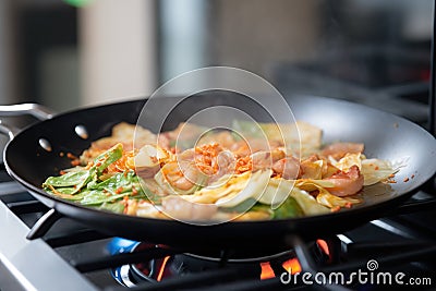 sizzling kimchi pancake cooking on gas stove Stock Photo