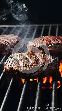 Sizzling meat steaks on the grill, tempting aroma fills air Stock Photo