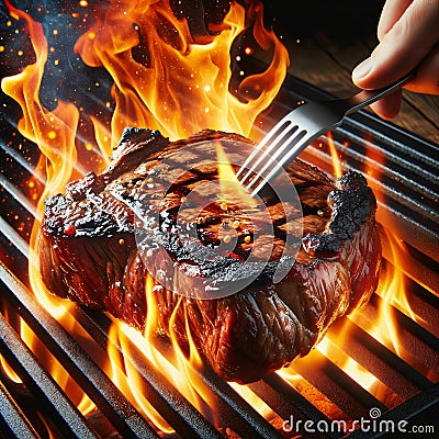 Sizzling steak on grill with fiery flames, garnished with spices, Generative AI Stock Photo