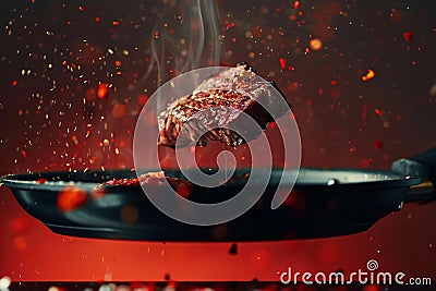 Sizzling steak leaps from pan, a culinary airborne spectacle Stock Photo