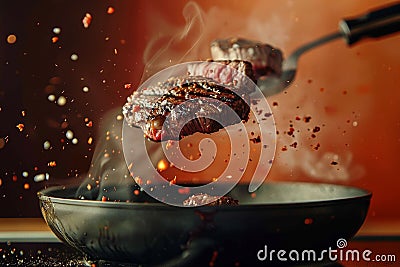 Sizzling steak leaps from pan, a culinary airborne spectacle Stock Photo