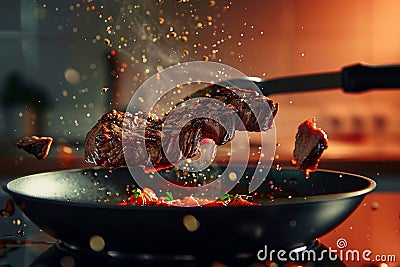 Sizzling steak leaps from pan, a culinary airborne spectacle Stock Photo