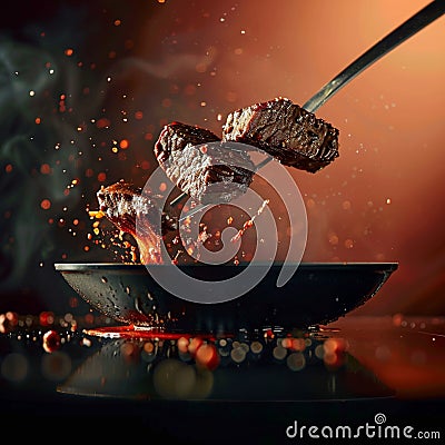 Sizzling steak leaps from pan, a culinary airborne spectacle Stock Photo