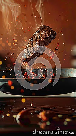 Sizzling steak leaps from pan, a culinary airborne spectacle Stock Photo