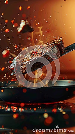 Sizzling steak leaps from pan, a culinary airborne spectacle Stock Photo