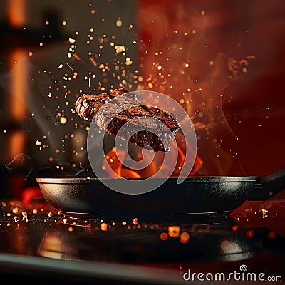 Sizzling steak leaps from pan, a culinary airborne spectacle Stock Photo