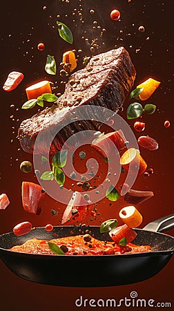 Sizzling steak and veggies soar in flying frying pan Stock Photo