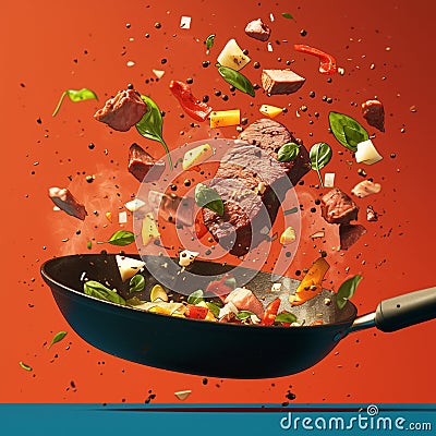 Sizzling steak and veggies soar in flying frying pan Stock Photo