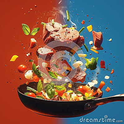 Sizzling steak and veggies soar in flying frying pan Stock Photo