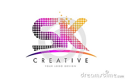 SK S K Letter Logo Design with Magenta Dots and Swoosh Vector Illustration