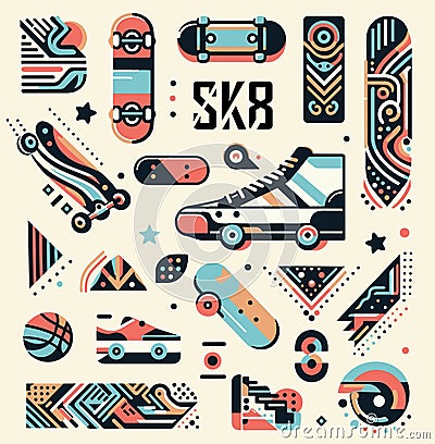 SK8, Skateboard subculture design elements Vector Illustration