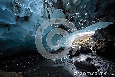 Skaftafetl National Park,an icy and crystal clear cave, generative AI Stock Photo