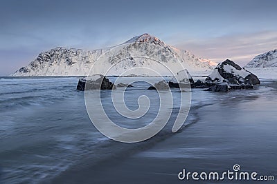 Winter on `Skagsanden` Beach, Lofoten, Norway Stock Photo