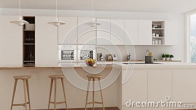 Skandinavische witte keuken, binnenlandse gang door, regelmatige nok, minimalistic ontwerp Skandinavische witte keuken, binnenlandse gang door, regelmatige nok, minimalistic ontwerp